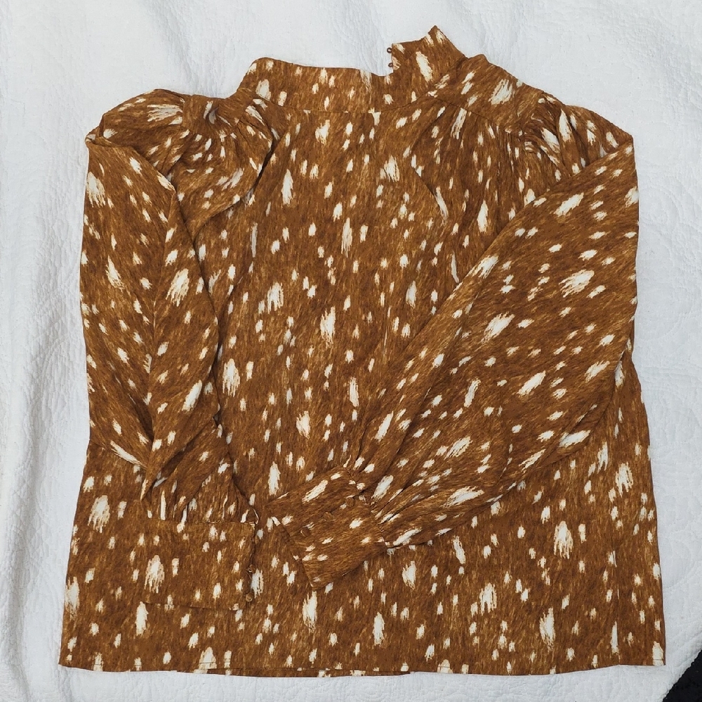Express Design Studio silk top with brown and white animal pattern. 
